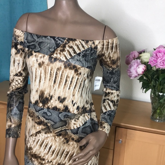 Mini Dress Size Large Off Shoulder Lizard Print Brand New Neutral Gray Clubwear - Picture 2 of 7